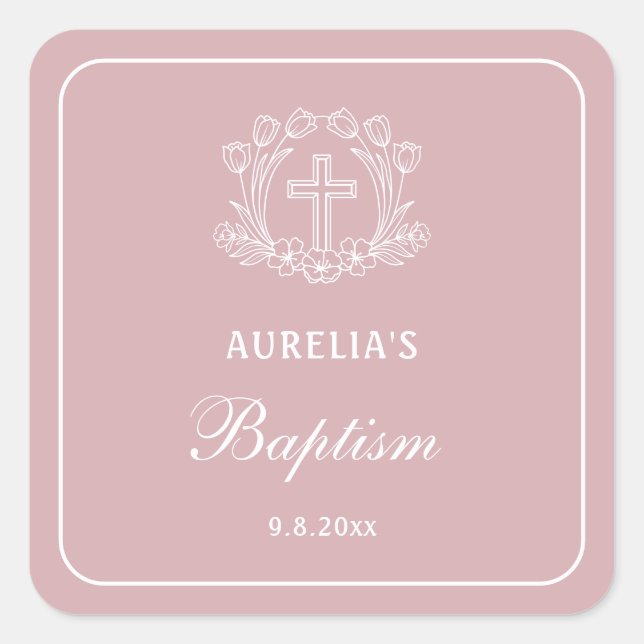 Simple Floral Cross on Pink Baptism Square Sticker (Front)