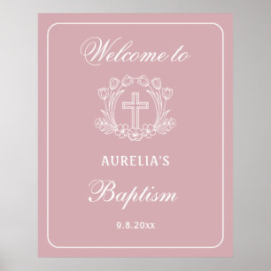 Simple Floral Cross on Pink Baptism Welcome Poster