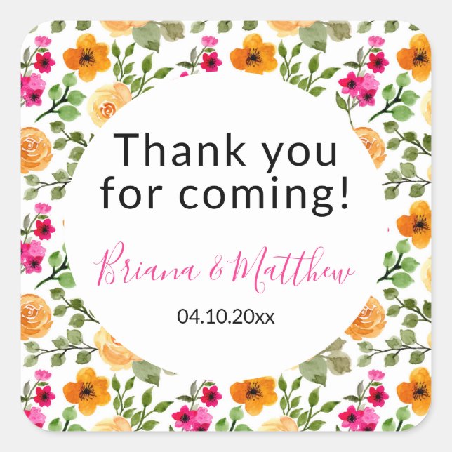 Simple Floral Elegant Script Favour Square Sticker (Front)
