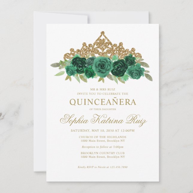 Simple Floral Emerald Green Gold Crown Quinceañera Invitation (Front)