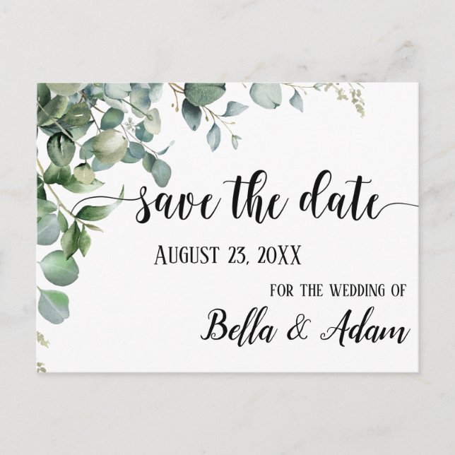 Simple Floral Eucalyptus Wedding Save the Date Postcard (Front)