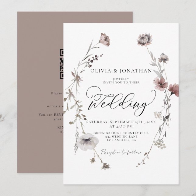 Simple Floral Fall Neutral Budget QR Code Wedding  Invitation (Front/Back)
