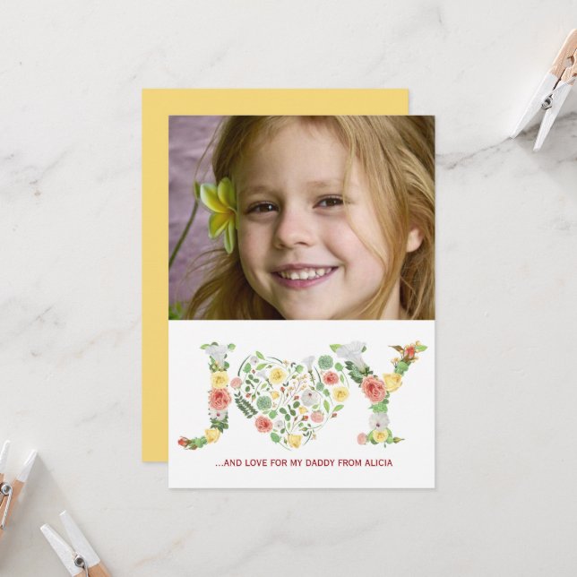Simple floral Father's Day joy script photo Card (Front/Back In Situ)
