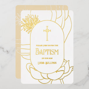 Simple Floral Gold White Baptism Foil Invitation