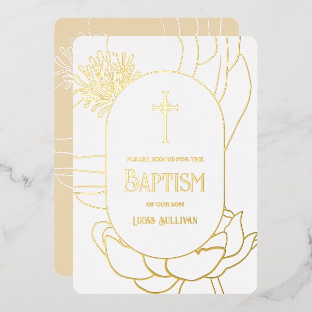 Simple Floral Gold White Baptism Foil Invitation (Front/Back)