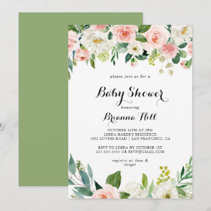 Simple Floral Green Calligraphy Baby Shower Invitation