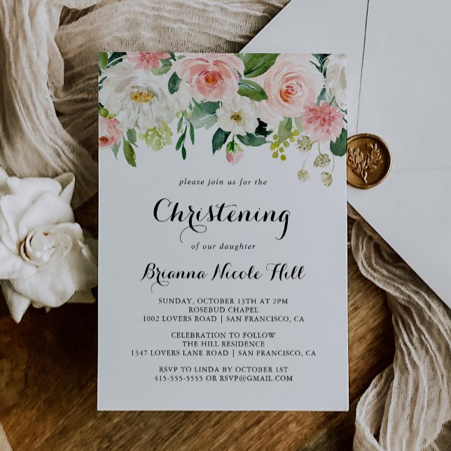 Simple Floral Green Calligraphy Christening Invitation (Creator Uploaded)