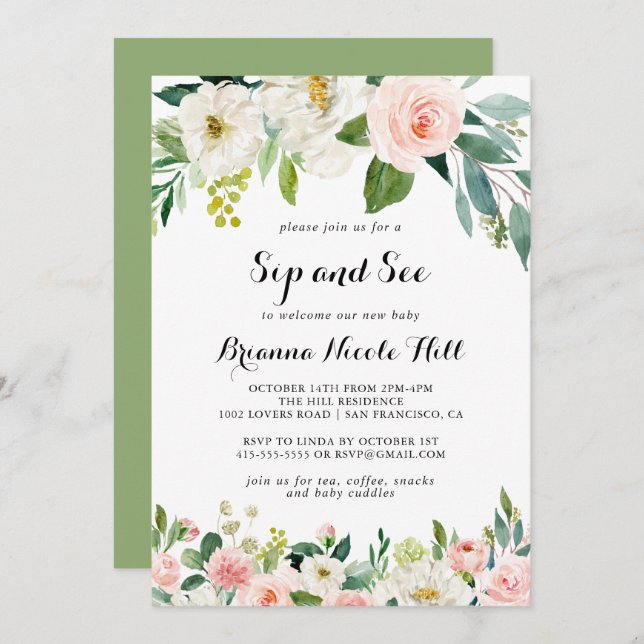 Simple Floral Green Calligraphy Sip and See Invitation (Front/Back)