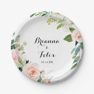 Simple Floral Green Calligraphy Wedding Cake Paper Plate