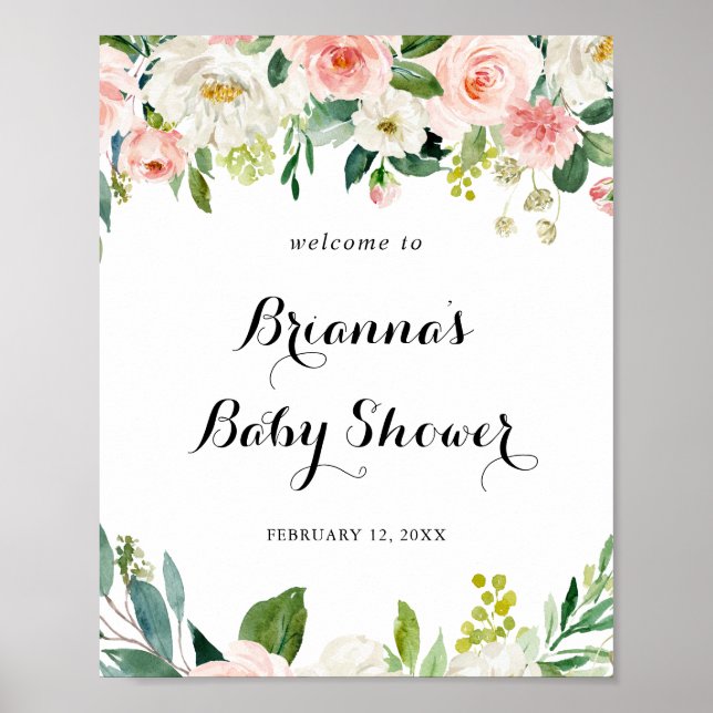 Simple Floral Green Foliage Baby Shower Welcome Poster (Front)
