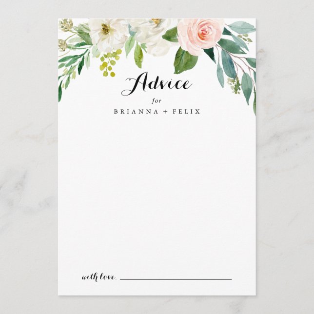 Simple Floral Green Foliage Calligraphy Wedding Advice Card (Front)