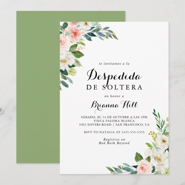 Simple Floral Green Foliage Spanish Bridal Shower Invitation (Front/Back)