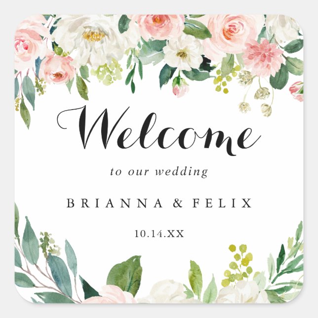 Simple Floral Green Foliage Wedding Welcome Square Sticker (Front)