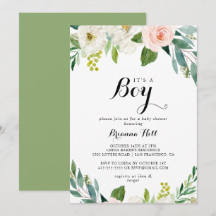 Simple Floral Green It's A Boy Baby Shower Invitation