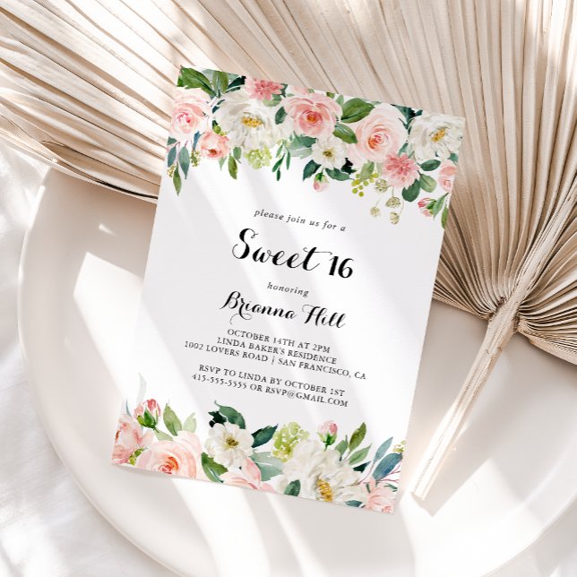 Simple Floral Green Sweet 16 Birthday Party Invitation (Creator Uploaded)