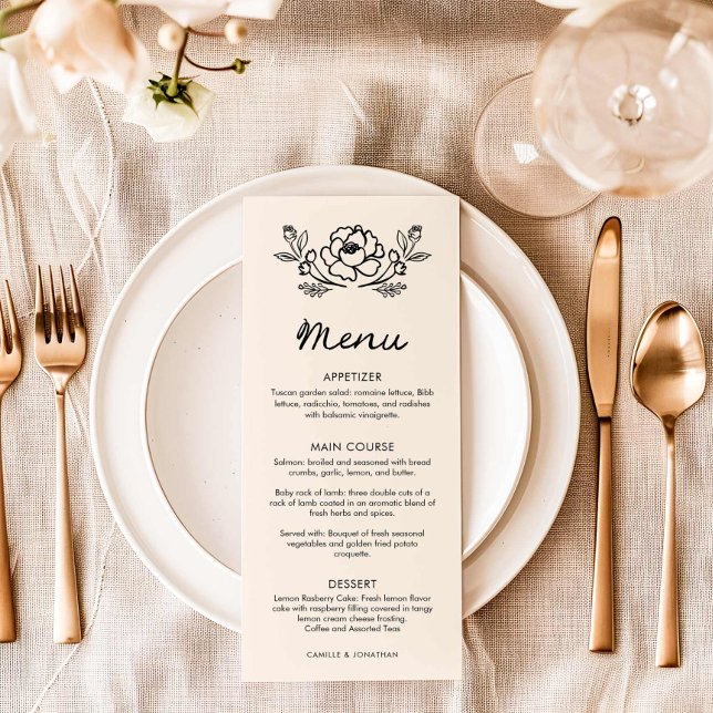 Simple Floral Hand Drawn Wedding Menu (Hand Drawn Floral Wedding Menu Card)
