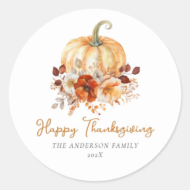 Simple  Floral Happy Thanksgiving  Classic Round Sticker (Front)