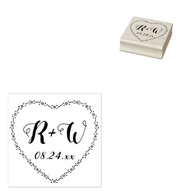 Simple Floral Heart Wreath Rustic Wedding Monogram Rubber Stamp (Stamped)