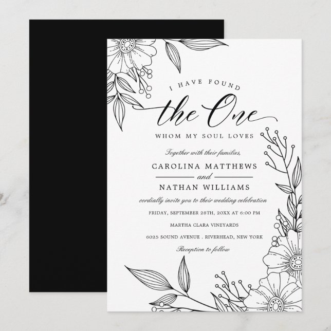 Simple Floral I Have Found The One | Black Wedding Invitation (Front/Back)