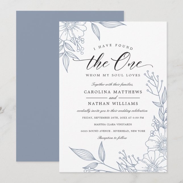 Simple Floral I Have Found The One | Blue Wedding Invitation (Front/Back)