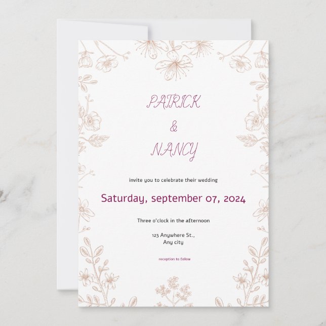 Simple Floral Illustration Wedding Invitation (Front)