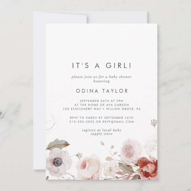 Simple Floral It's A Girl Baby Shower Invitation (Front)