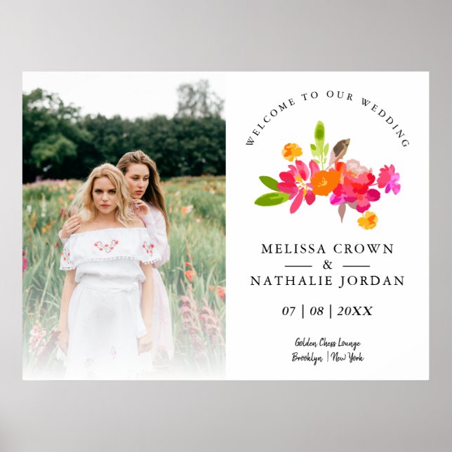 Simple Floral LGBT Engaged Couple Welcome Guests Poster (Front)