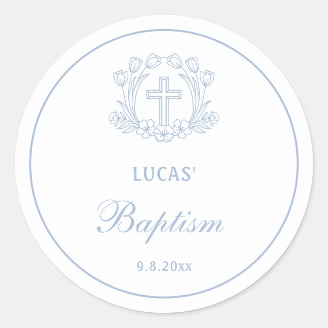 Simple Floral Light Blue Cross Baptism Classic Round Sticker (Front)