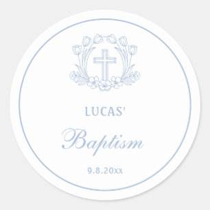 Simple Floral Light Blue Cross Baptism Classic Round Sticker
