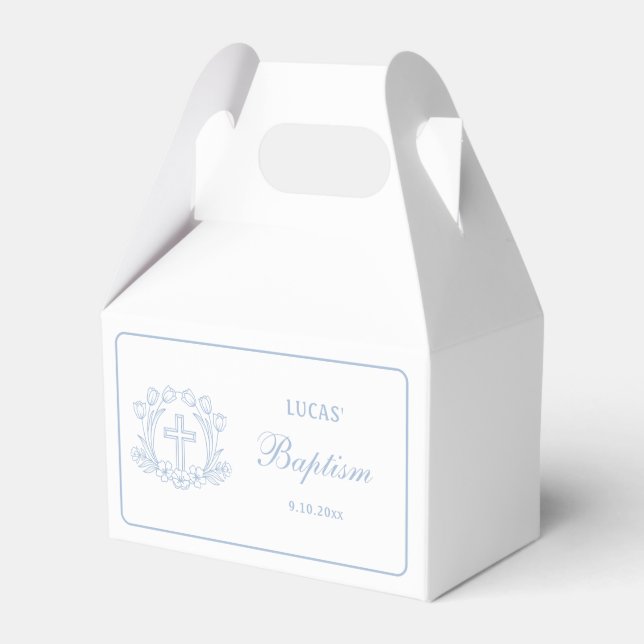 Simple Floral Light Blue Cross Baptism Favour Box (Front Side)