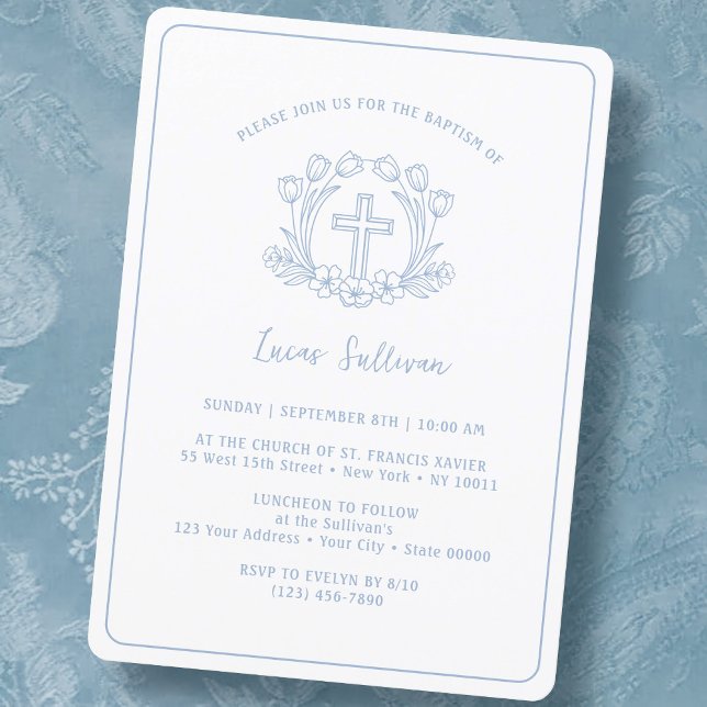 Simple Floral Light Blue Cross Baptism Invitation (Creator Uploaded)