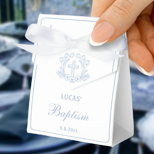 Simple Floral Light Blue Cross Baptism Small Tent Favour Box