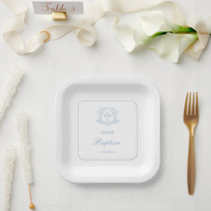 Simple Floral Light Blue Cross Baptism Square Paper Plate