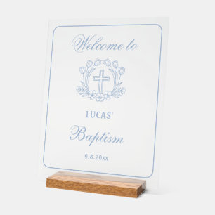 Simple Floral Light Blue Cross Baptism Welcome Acrylic Sign