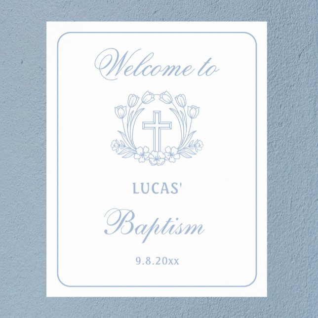 Simple Floral Light Blue Cross Baptism Welcome Poster (Creator Uploaded)