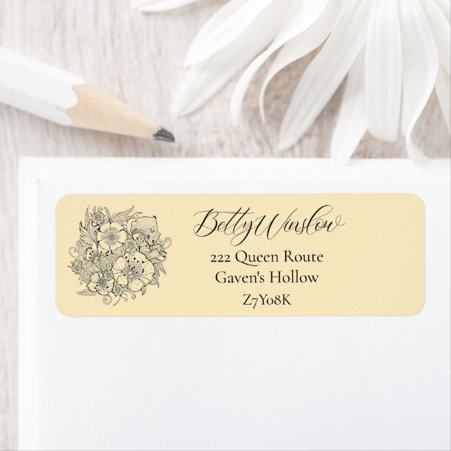 Simple Floral Line Art Black Peach Return Address (Insitu)