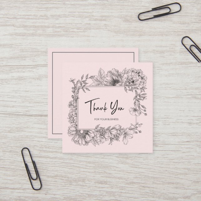 Simple Floral Line Art Grey Pink QRCode Thank You Square Business Card (Front/Back In Situ)