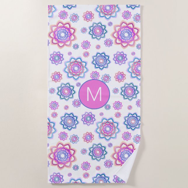 Simple Floral Lotus Monogram Pink Pastel Green Beach Towel (Front)