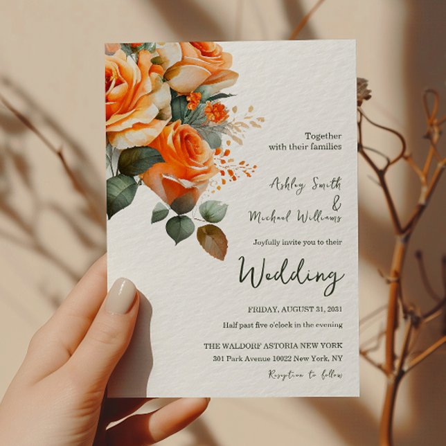 Simple Floral Minimalist Fall Orange Wedding Invitation (Creator Uploaded)
