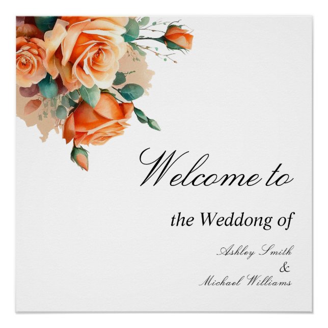 Simple Floral Minimalist Fall Orange Wedding Poster (Front)