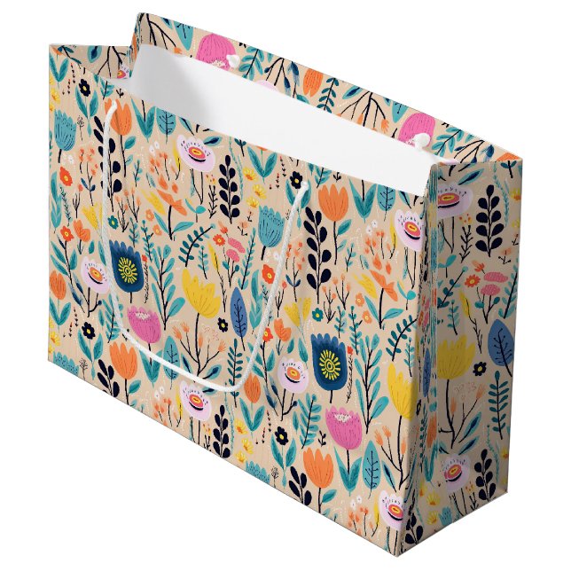Simple Floral Modern Folk Art Illustration Large Gift Bag (Front Angled)