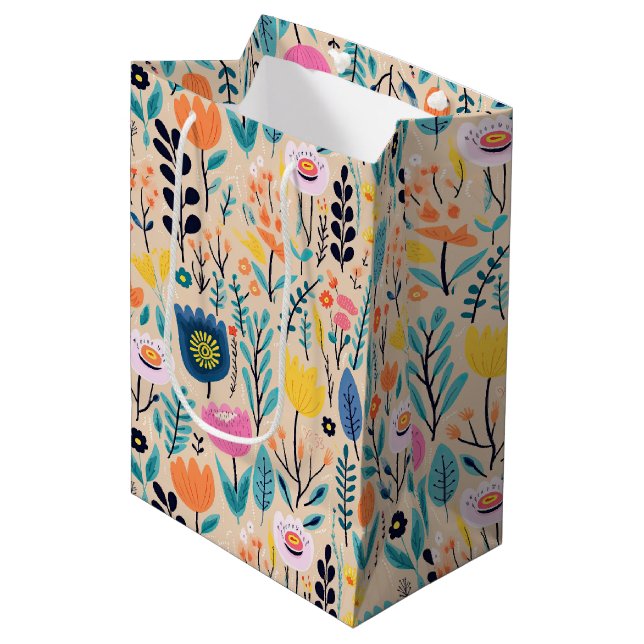 Simple Floral Modern Folk Art Illustration Medium Gift Bag (Front Angled)