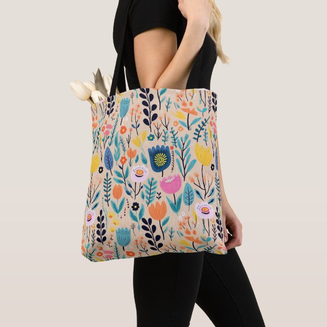 Simple Floral Modern Folk Art Illustration Tote Bag (Close Up)