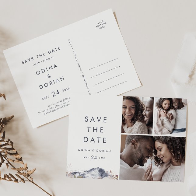 Simple Floral Mountain 3 Photo Save the Date Invitation Postcard (Creator Uploaded)