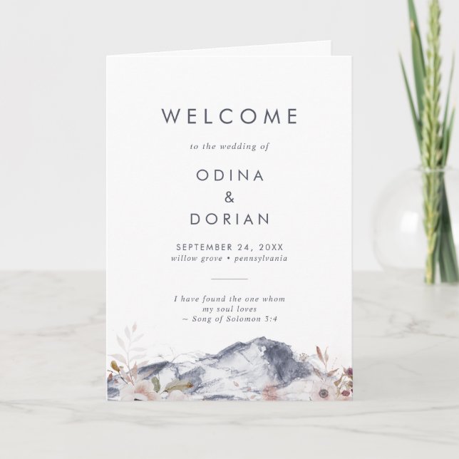 Simple Floral Mountain Folded Wedding Programme (Front)