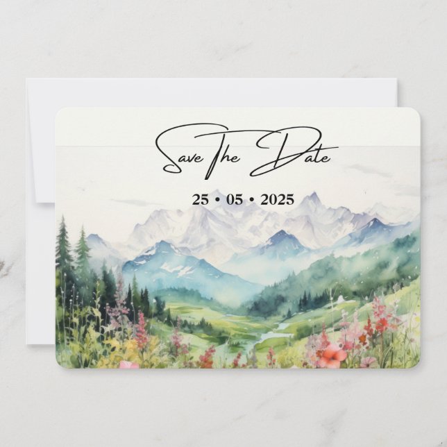 Simple Floral Mountain Horizontal  Save The Date (Front)