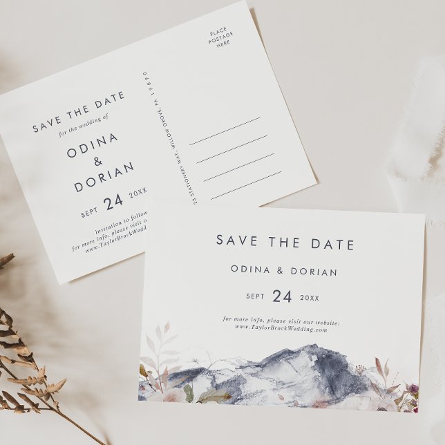 Simple Floral Mountain Horizontal Save the Date Invitation Postcard (Creator Uploaded)