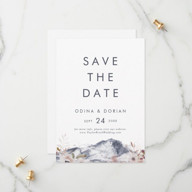 Simple Floral Mountain Save the Date Card (Front/Back In Situ)