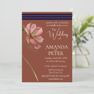 Simple Floral Navy and Terracotta Wedding Invitation
