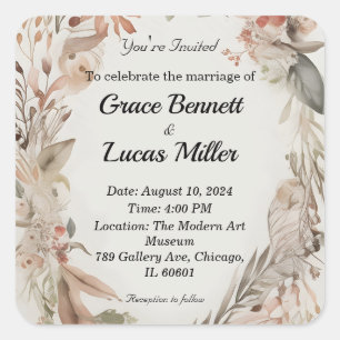 Simple floral painted soft wedding invitation square sticker